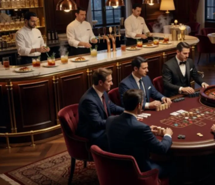 Elegáns társasjáték est poker, rulett és blackjack asztalokkal luxus lounge környezetben