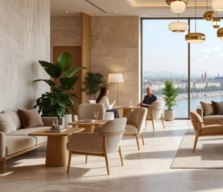 Modern, fényárban úszó lounge tér elegáns ülőbútorokkal Budapesten