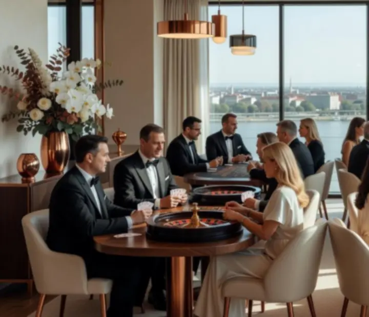 Elegánsan megvilágított pókerasztal és rulettasztal kortárs éttermi enteriőrben