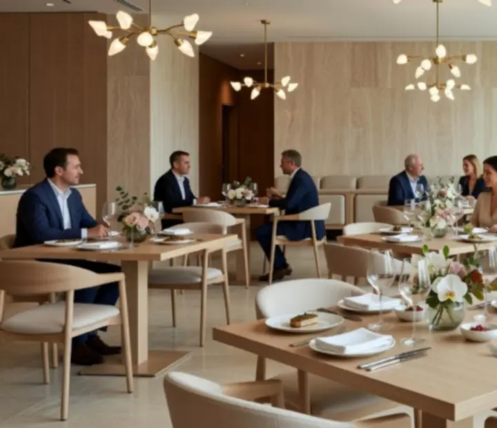 Fényűző, világos éttermi enteriőr elegáns terítéssel és társasági hangulattal