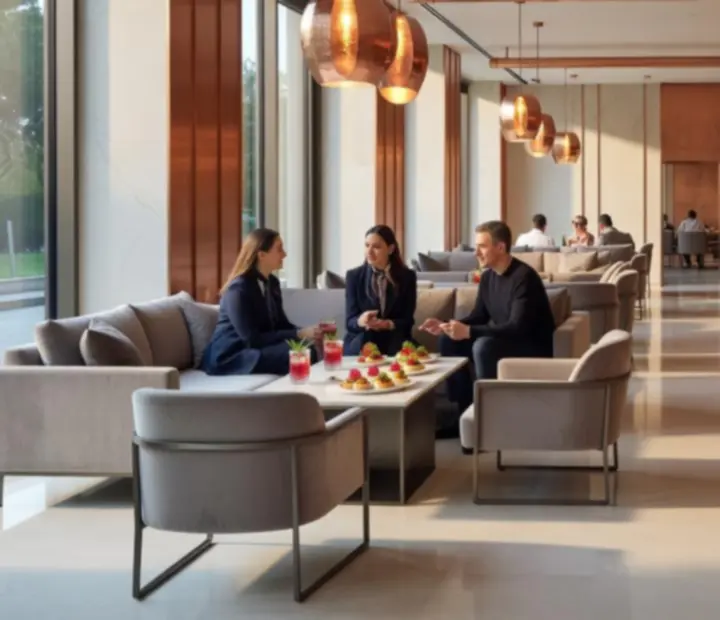 Luxus enteriőr, természetes fényben fürdőző étterem lounge és elegáns játékzónák