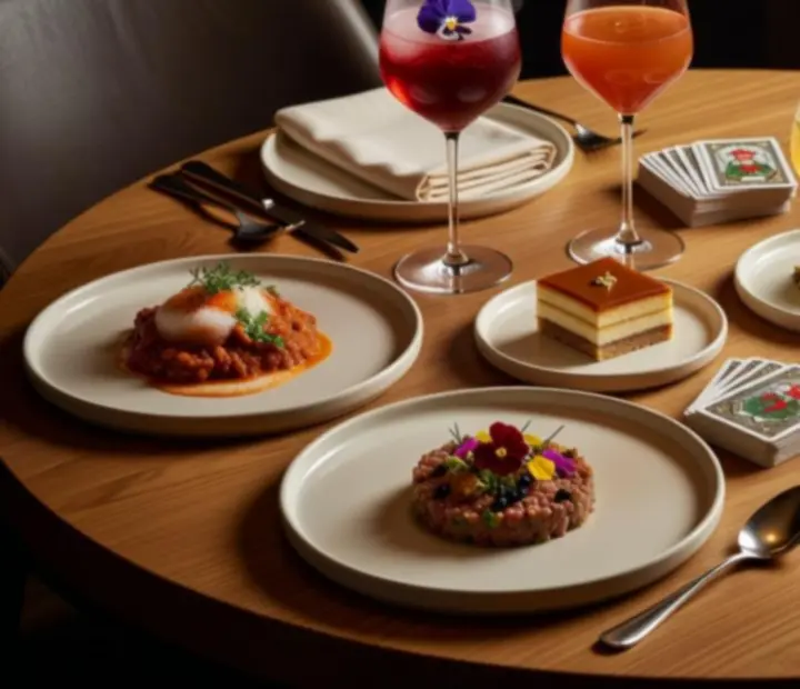 Gourmet fogások és koktélok elegáns társasjáték asztal mellett