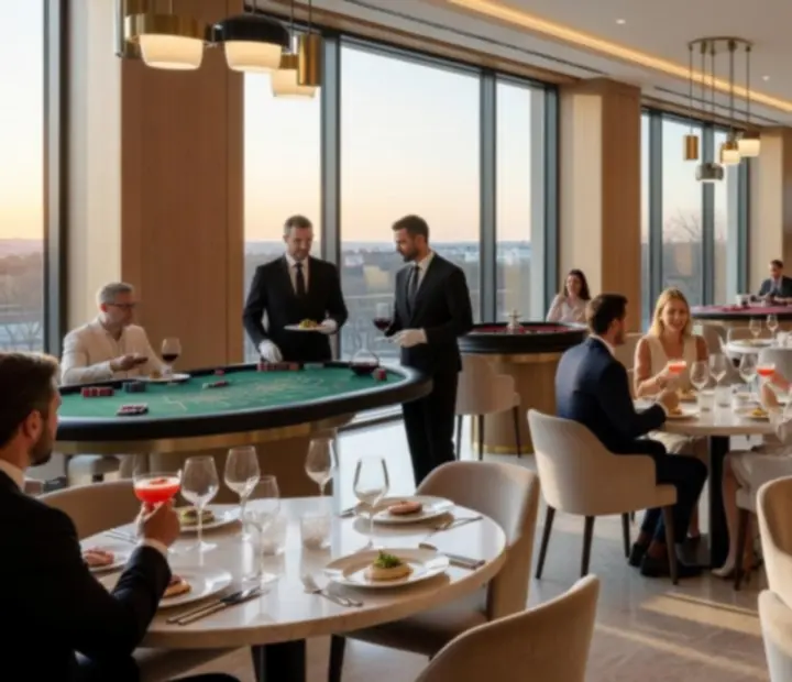 Cinematikus, világos fine dining étterem elegáns koktélokkal és asztaljátékokkal berendezve