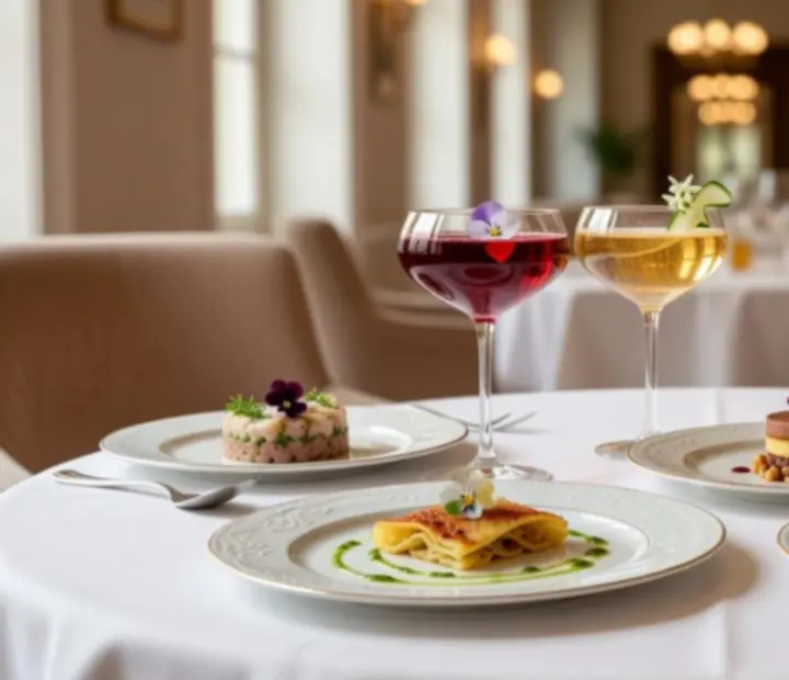 Elegánsan tálalt fine dining kóstolómenü és kézműves koktélok travertin asztalon