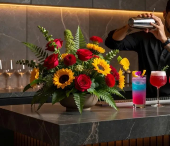 Elegáns bárpult signature koktélokkal és hangulatos fényekkel